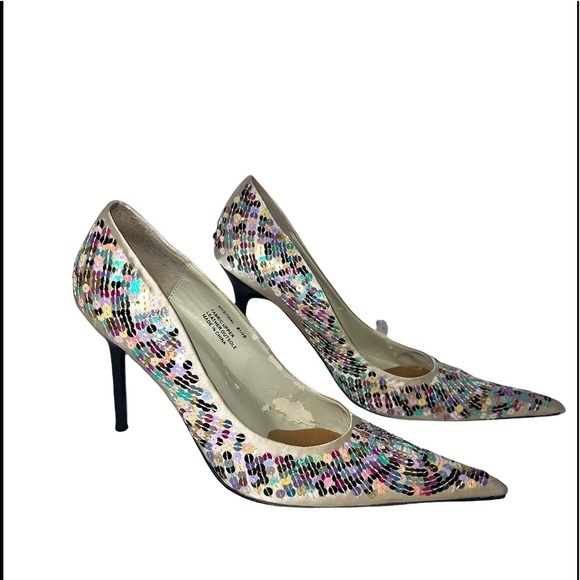 Steve Madden Mystikal Stiletto Heels 8.5 Satin Multi-Color Sequined Pointed Toe - Picture 9 of 13